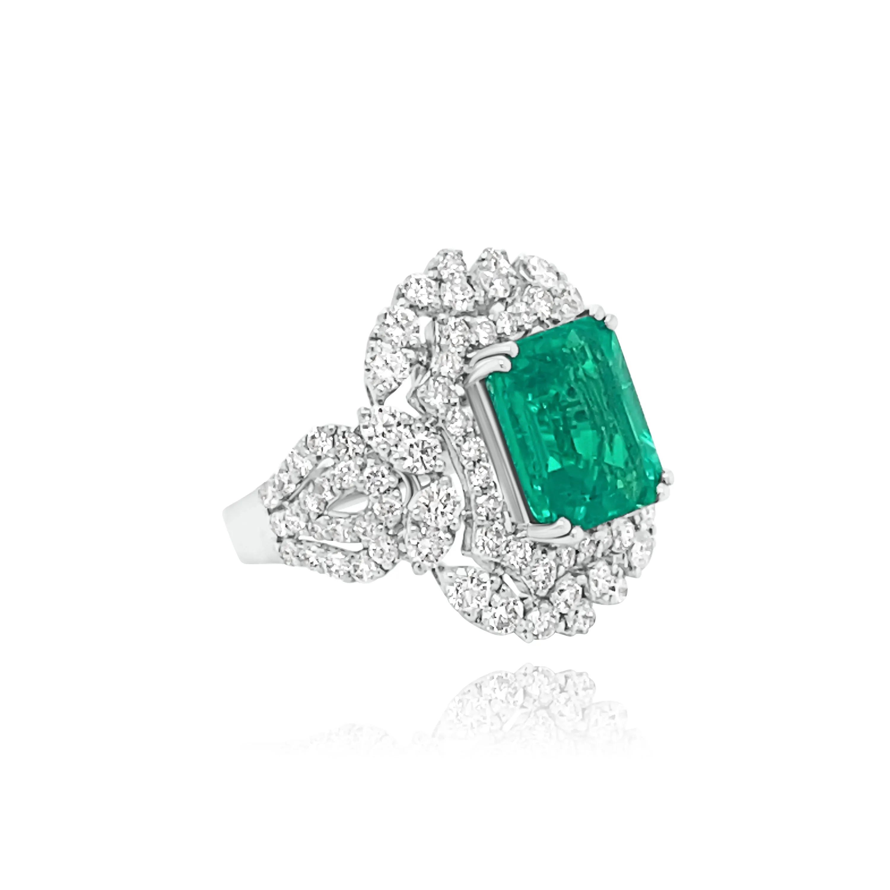 Brilliant cut Diamonds &  Emerald cut Emerald "Kauai" Ring