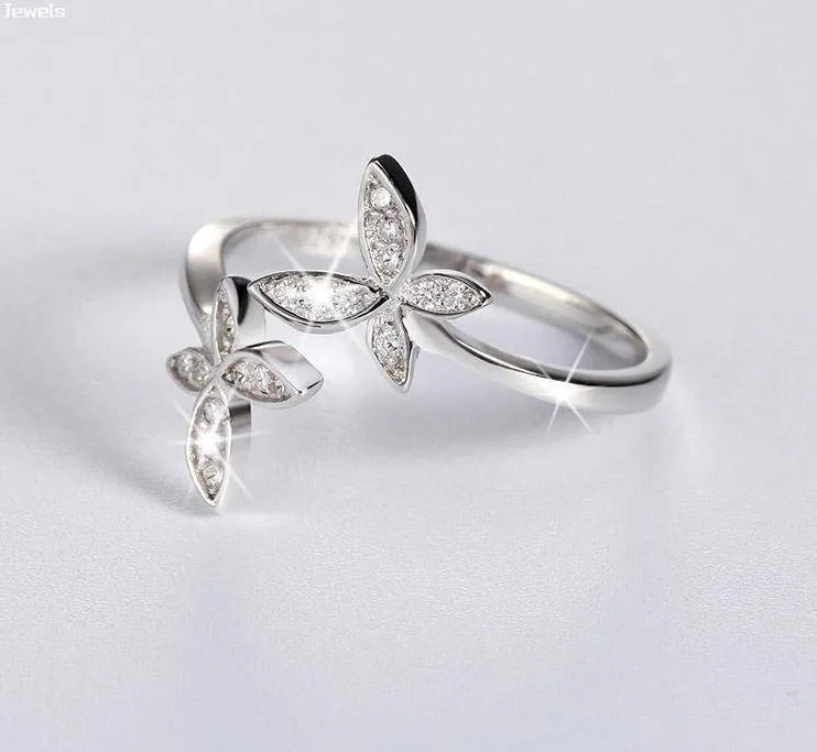 Butterfly Adjustable Rings - Austrian Cubic Zirconia, Silver