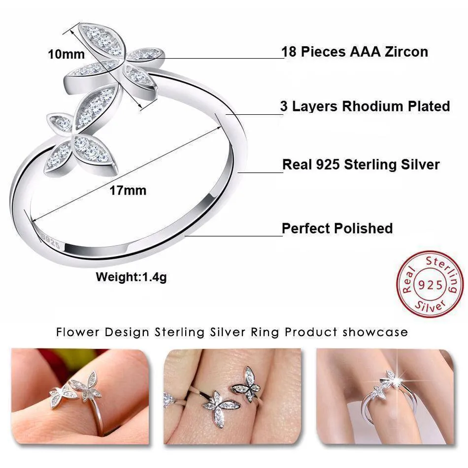 Butterfly Adjustable Rings - Austrian Cubic Zirconia, Silver