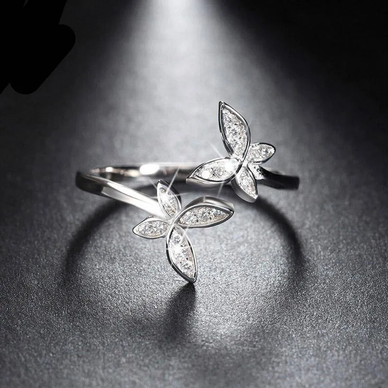 Butterfly Adjustable Rings - Austrian Cubic Zirconia, Silver