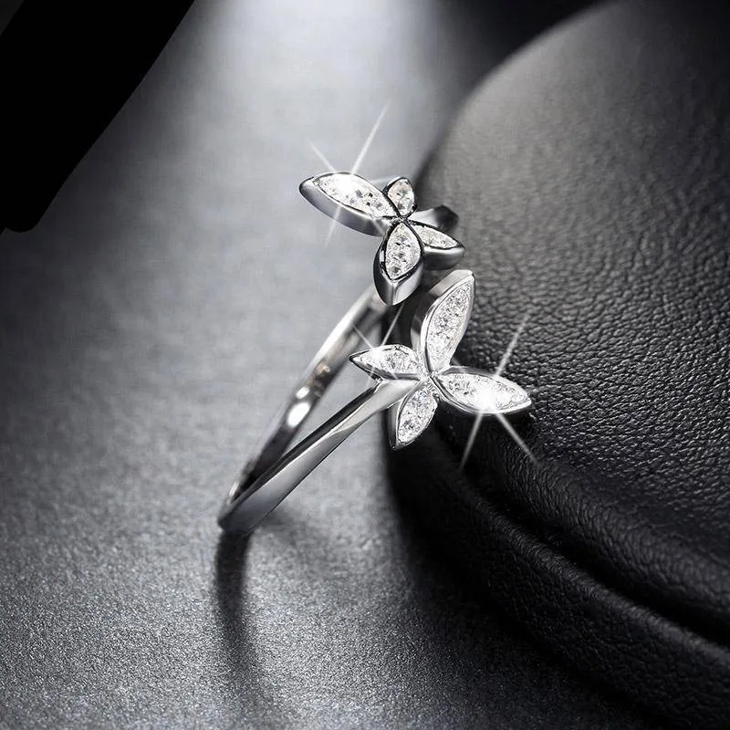 Butterfly Adjustable Rings - Austrian Cubic Zirconia, Silver