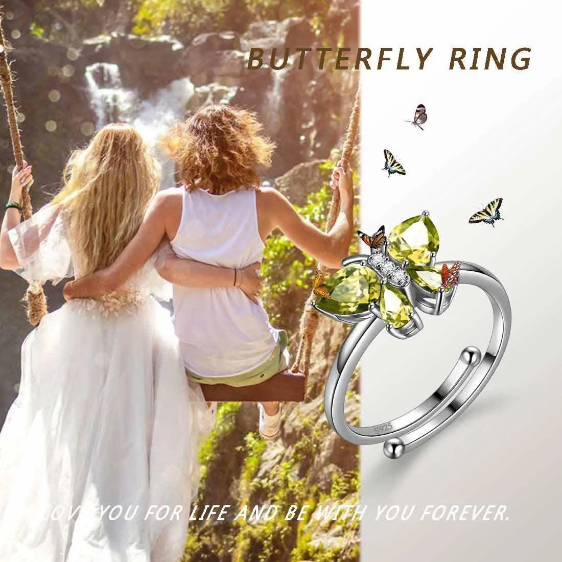 Butterfly Ring Band Birthstone August Peridot Women Girls Jewelry Birthday Gift