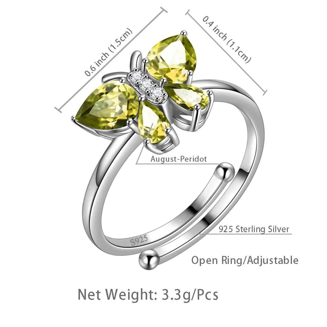 Butterfly Ring Band Birthstone August Peridot Women Girls Jewelry Birthday Gift
