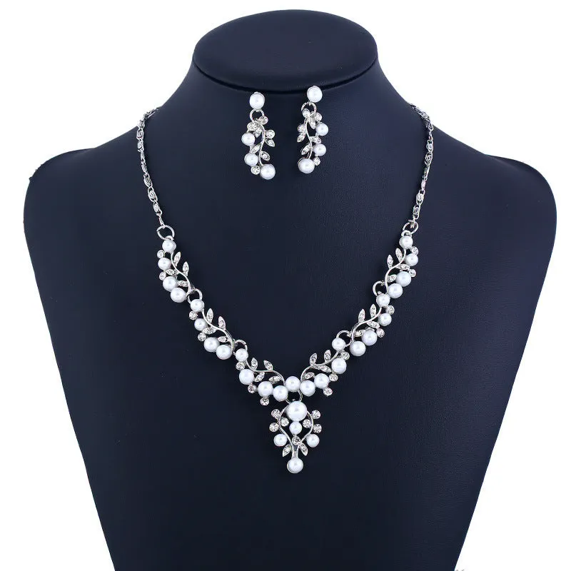 Chain set sweet temperament all-match pearl diamond earrings & necklace