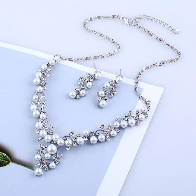 Chain set sweet temperament all-match pearl diamond earrings & necklace