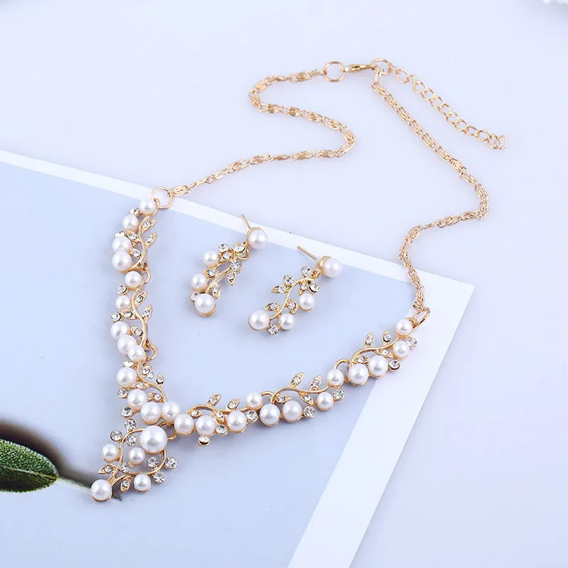 Chain set sweet temperament all-match pearl diamond earrings & necklace