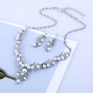 Chain set sweet temperament all-match pearl diamond earrings & necklace