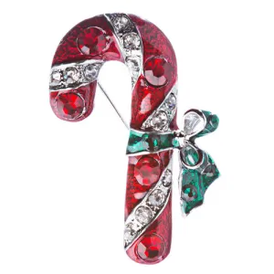 Christmas Jewelry Crystal Rhinestone Holiday Candy Cane Brooch Pin BH126 Silver