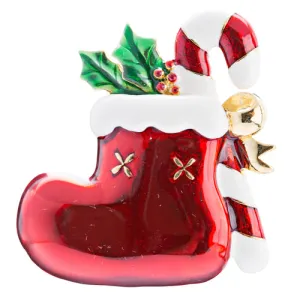 Christmas Jewelry Crystal Rhinestone Sock Candy Cane Charm Brooch Pin Red Gold