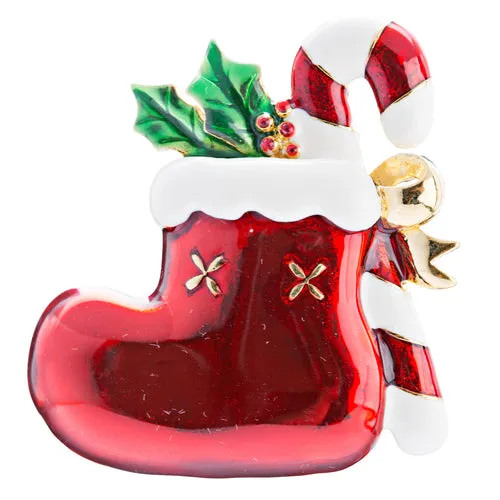 Christmas Jewelry Crystal Rhinestone Sock Candy Cane Charm Brooch Pin Red Gold