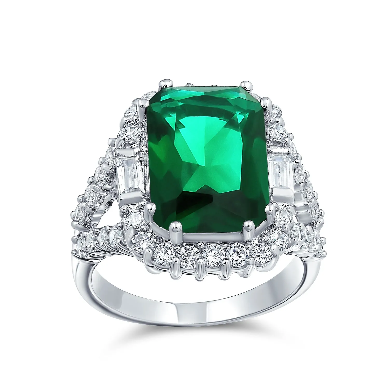 Cocktail Statement Ring: 7CT Green Simulated Emerald Cut CZ Pave Silver Fashion Ring