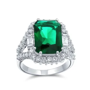 Cocktail Statement Ring: 7CT Green Simulated Emerald Cut CZ Pave Silver Fashion Ring