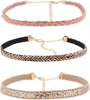 CrazyPiercing Choker Necklaces, Adjustable Collar Necklaces, Beaded Collar Necklace, Sequins Leather Velvet Chain Choker Necklace for Women Set of 3