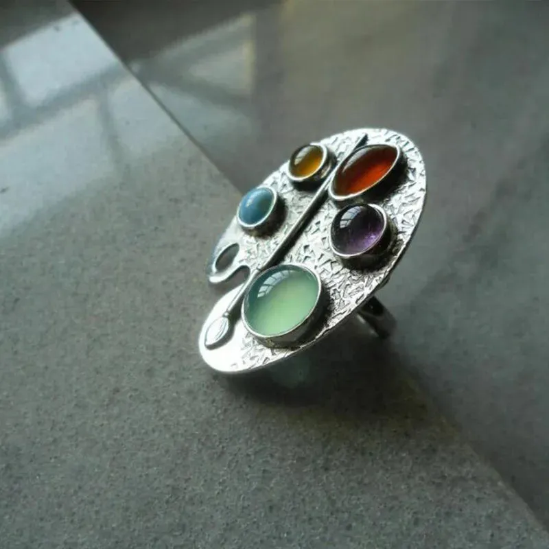 Creative Geometry Silver Color Metal Oval Ring with Inlaid Colored Stones