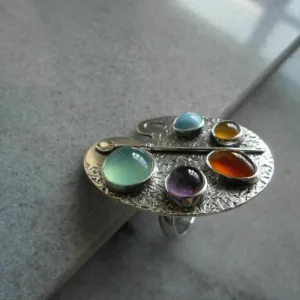 Creative Geometry Silver Color Metal Oval Ring with Inlaid Colored Stones