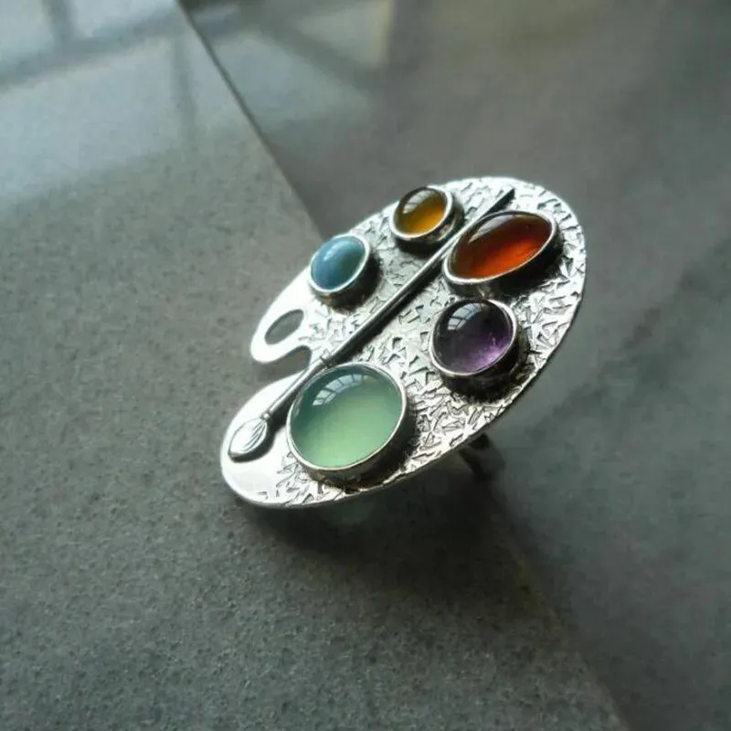 Creative Geometry Silver Color Metal Oval Ring with Inlaid Colored Stones