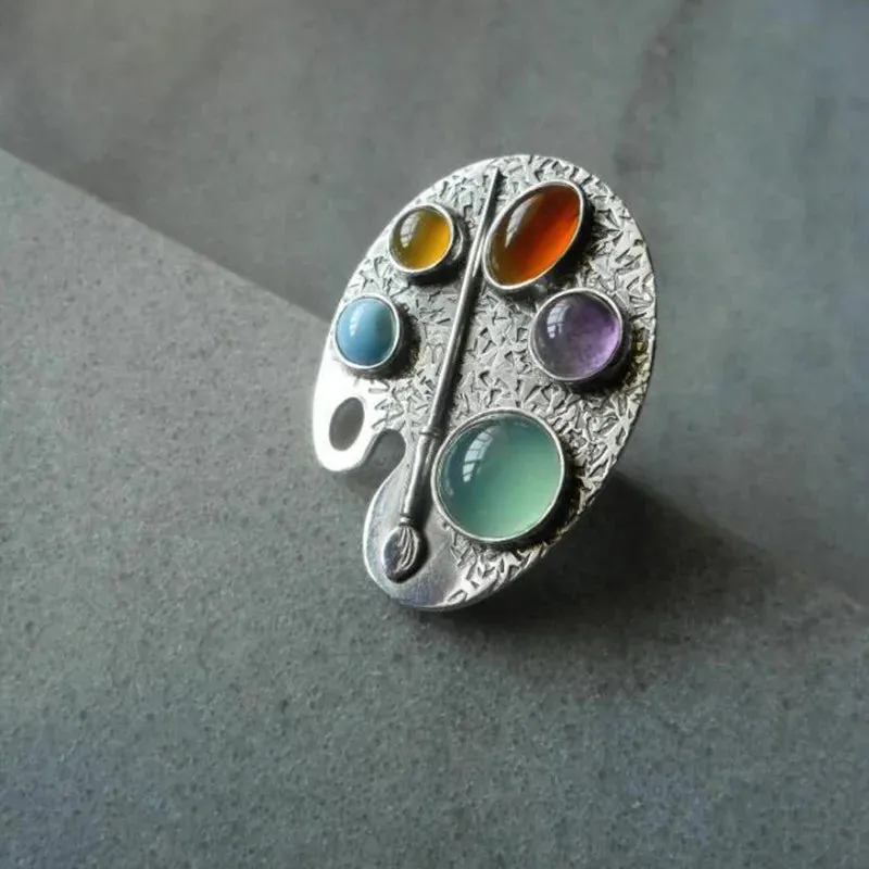 Creative Geometry Silver Color Metal Oval Ring with Inlaid Colored Stones