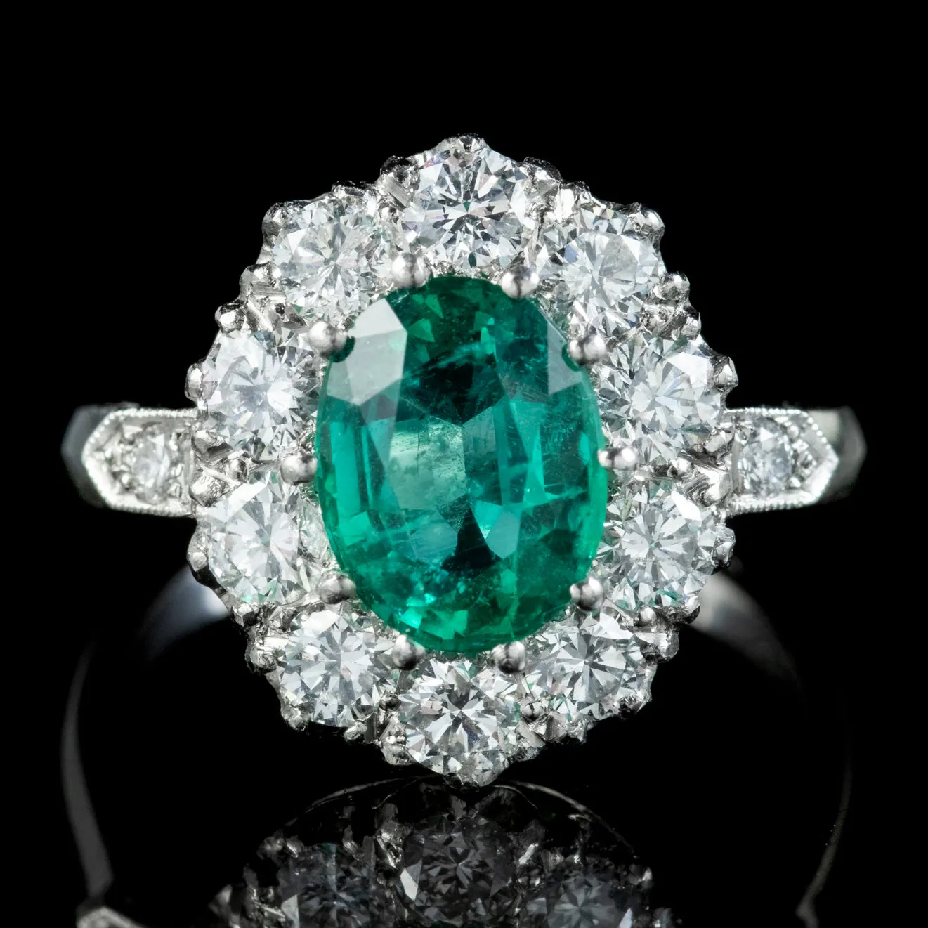 Edwardian Style Emerald Diamond Cluster Ring 2ct Emerald