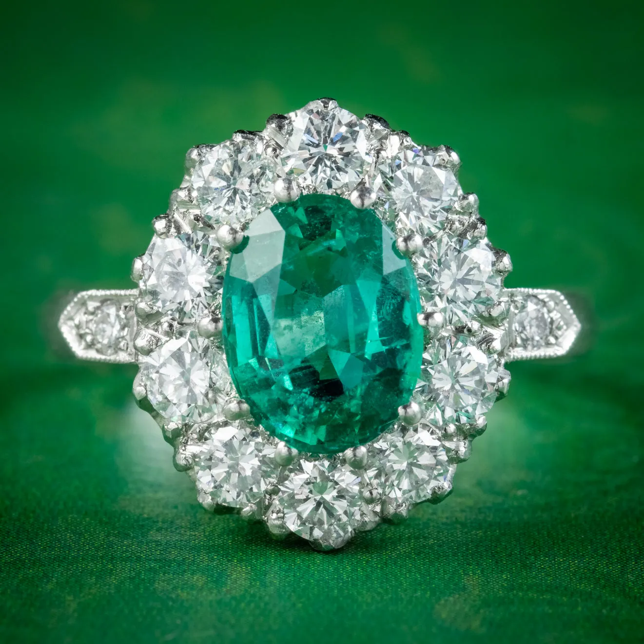 Edwardian Style Emerald Diamond Cluster Ring 2ct Emerald