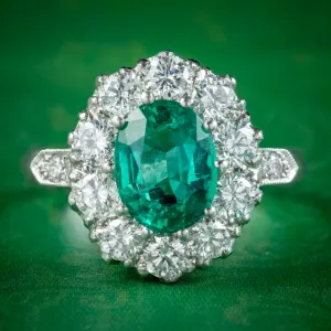 Edwardian Style Emerald Diamond Cluster Ring 2ct Emerald