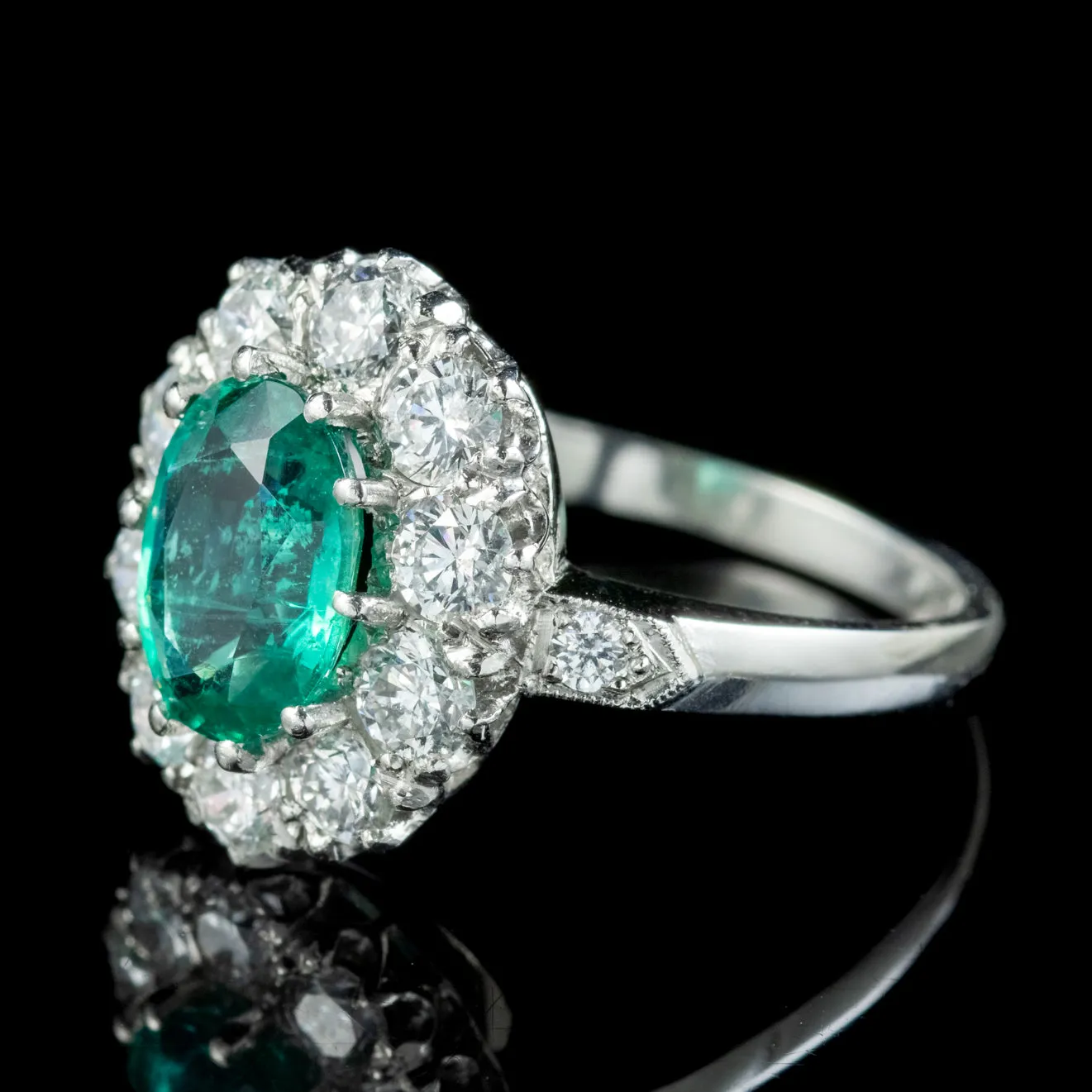 Edwardian Style Emerald Diamond Cluster Ring 2ct Emerald