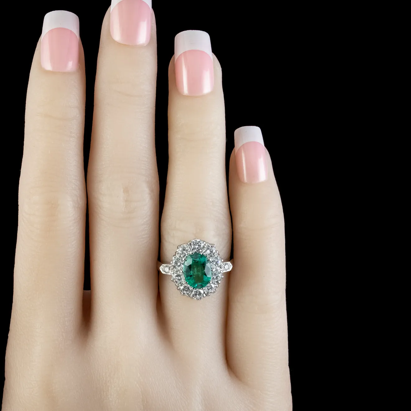 Edwardian Style Emerald Diamond Cluster Ring 2ct Emerald