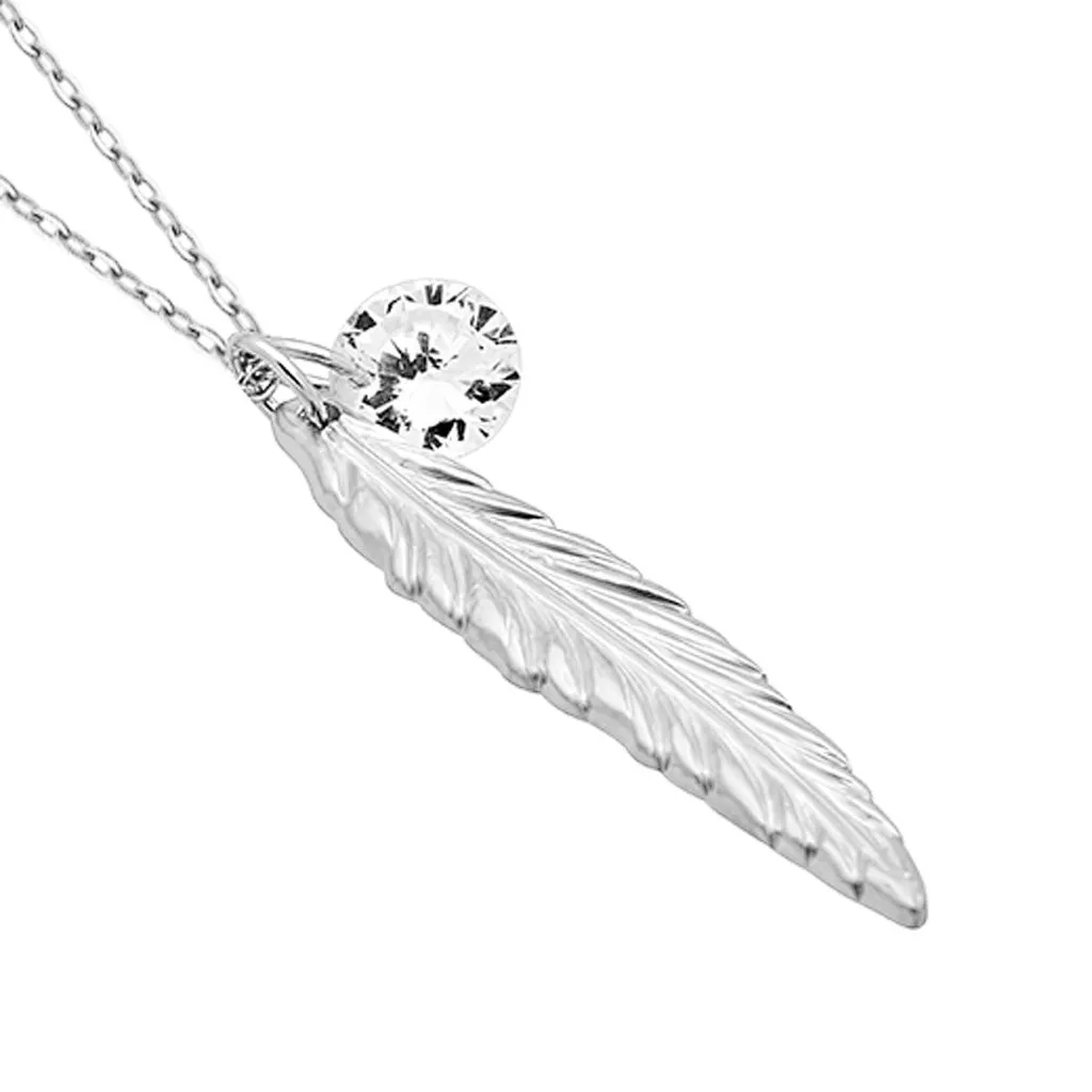 Feather Necklace, Silver Plated Feather and Birthstone Necklace, Elegant Necklace