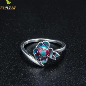 FLYLEAF  Handmade Sterling Silver & Enamel Women's Lotus Flower Ring