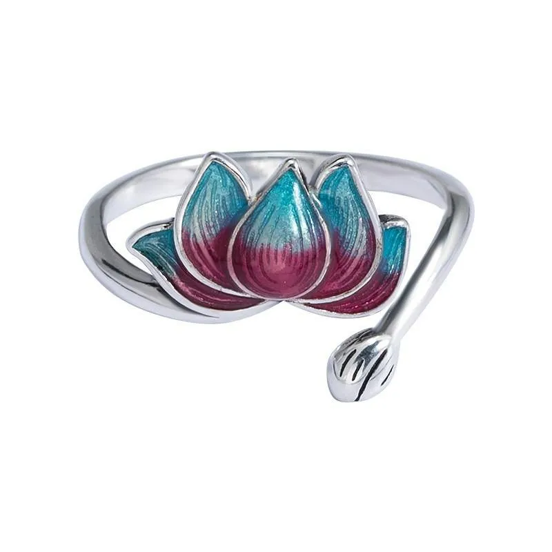 FLYLEAF  Handmade Sterling Silver & Enamel Women's Lotus Flower Ring