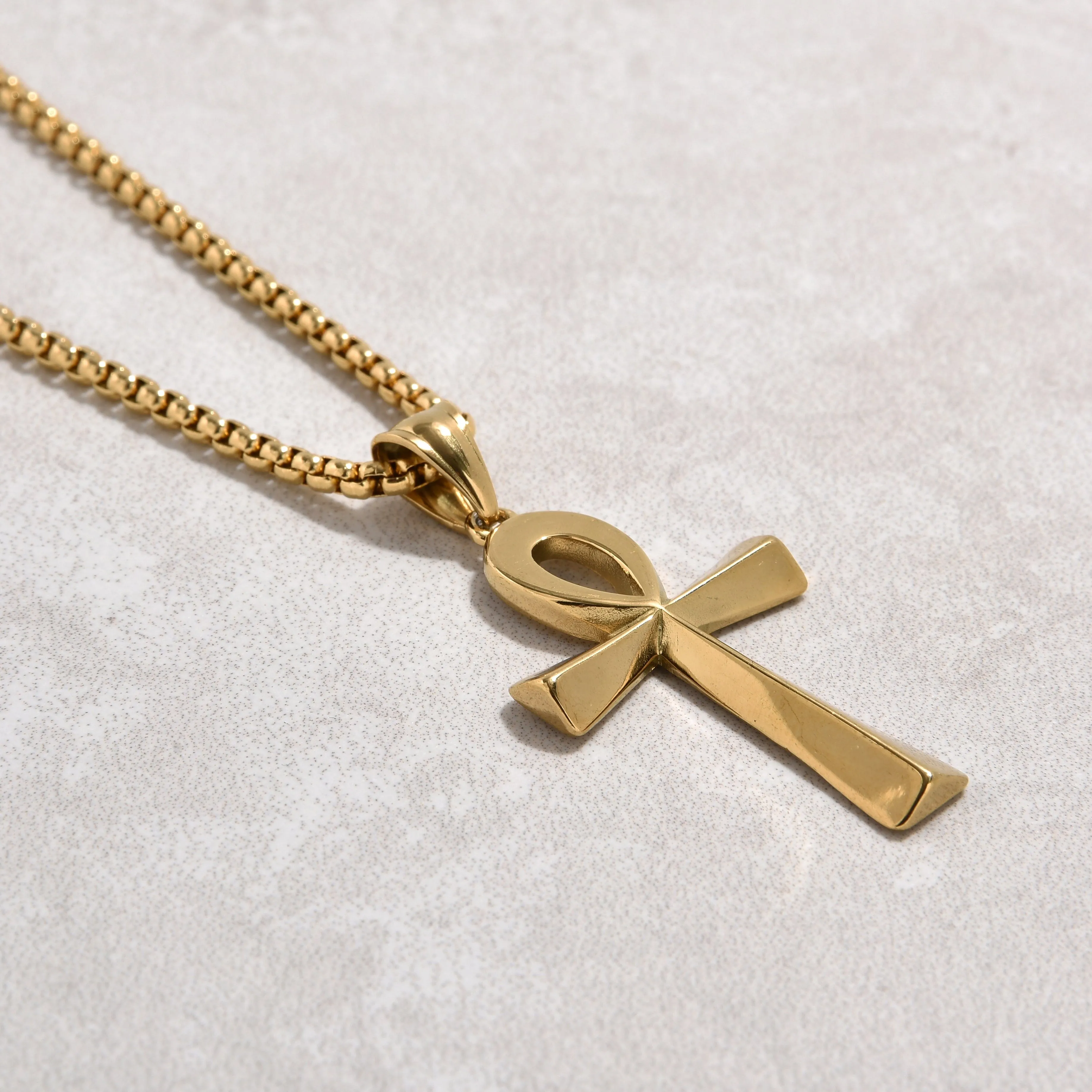 Gold Ankh Cross Steel Hearts Necklace