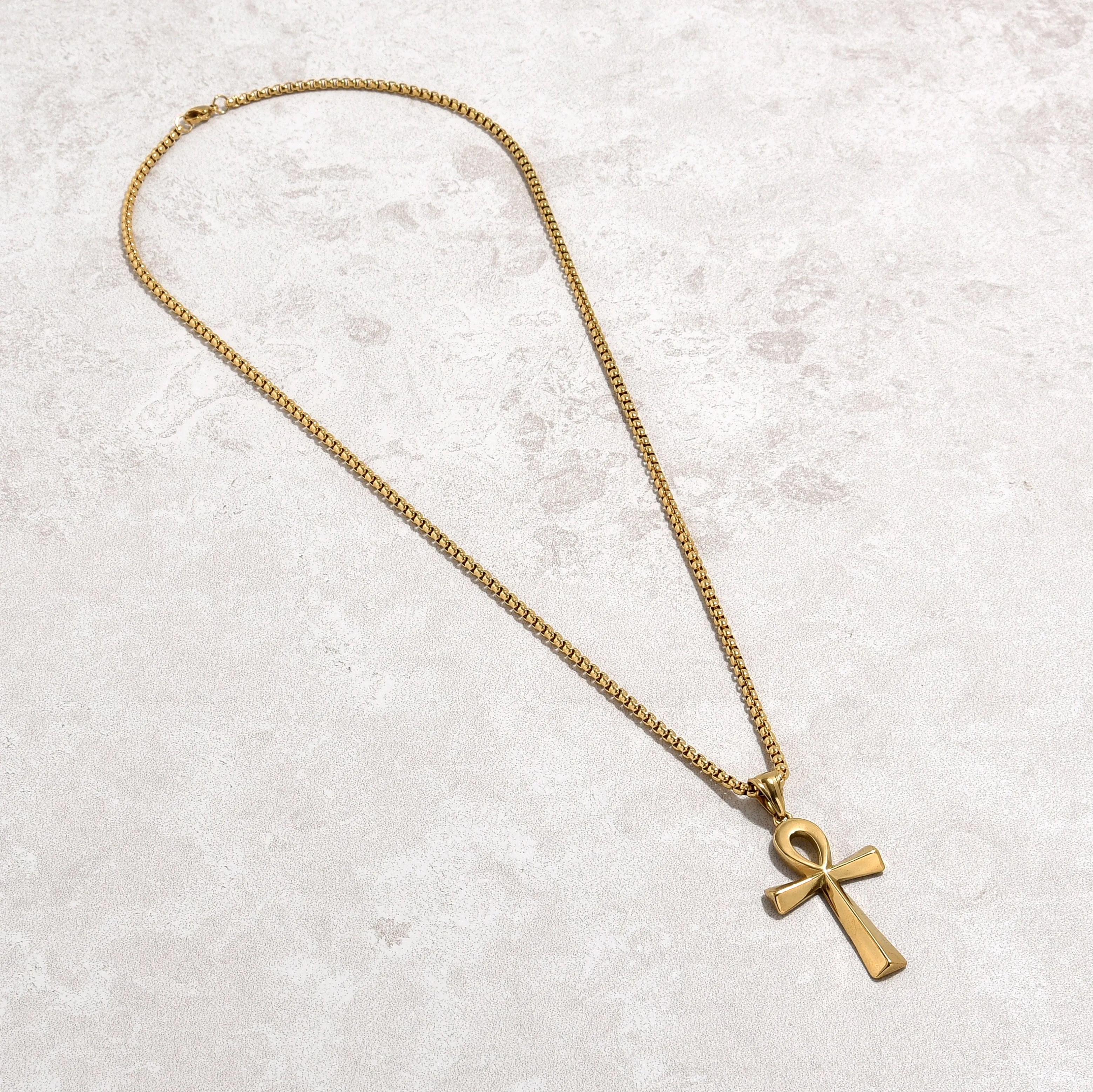 Gold Ankh Cross Steel Hearts Necklace