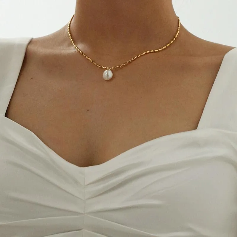 Gold Beads Chain Pearl Necklace