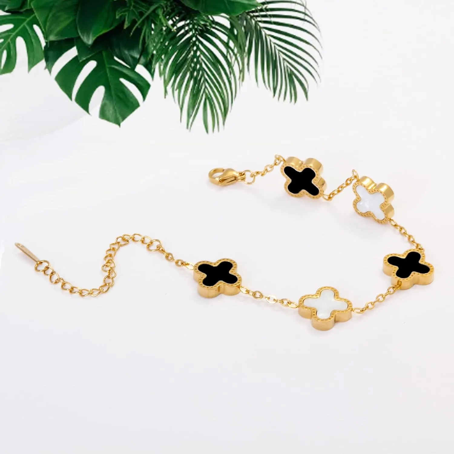 Gold Plated Jewelry Bracelet for Women Non Tarnish Bracelet Leaf Clover Charm Flower Bracelet for Women Trendy