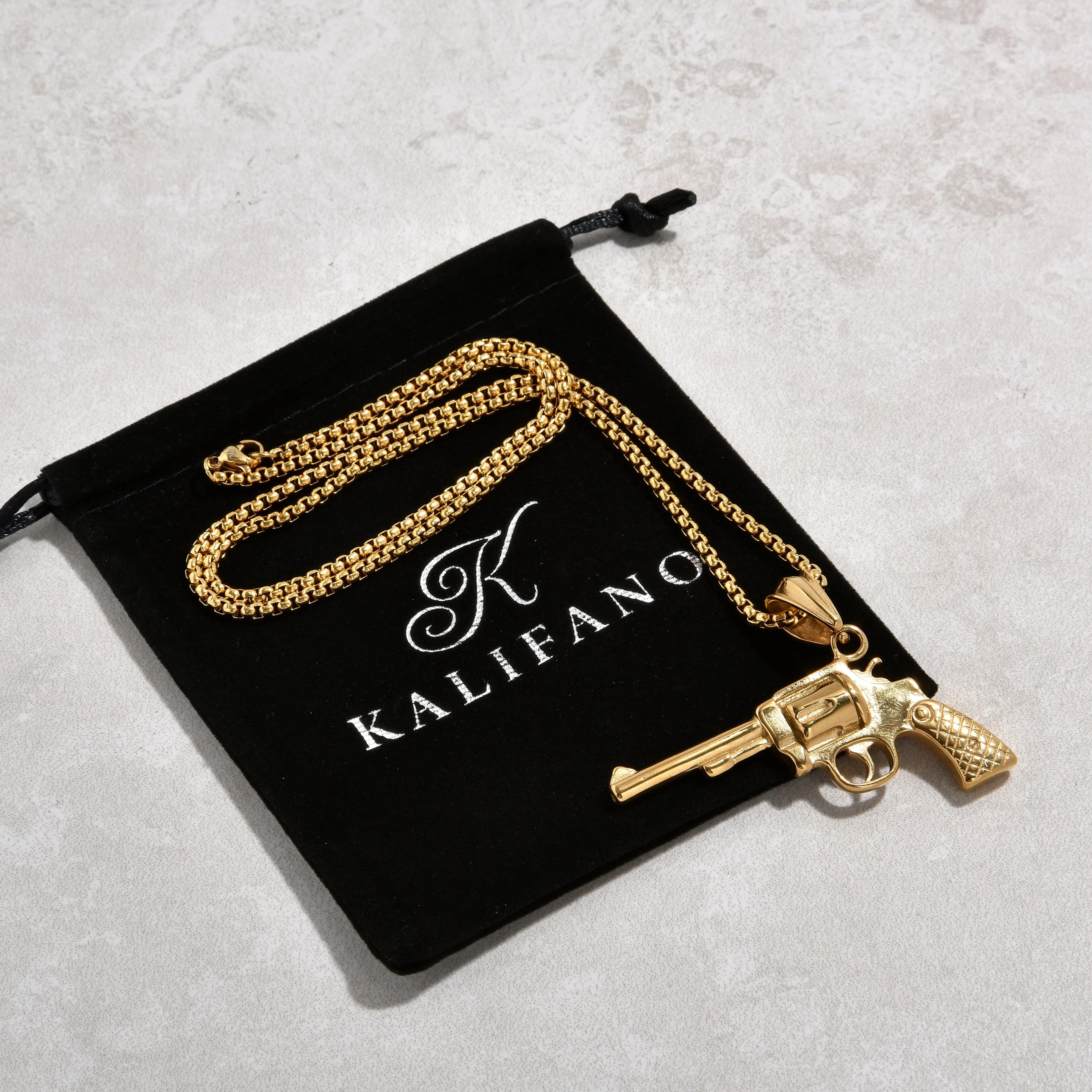 Gold Revolver gun Steel Hearts Necklace