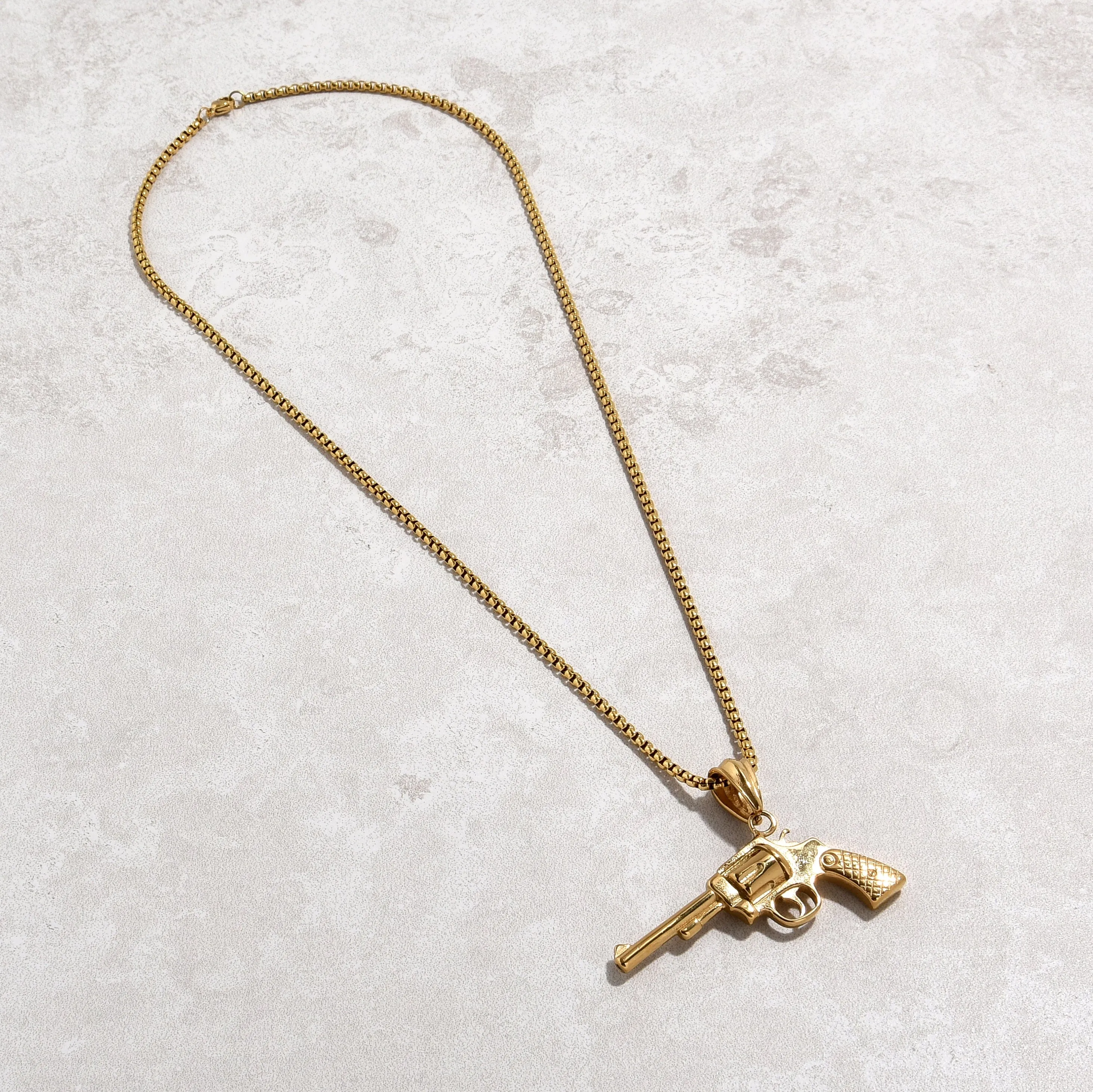 Gold Revolver gun Steel Hearts Necklace