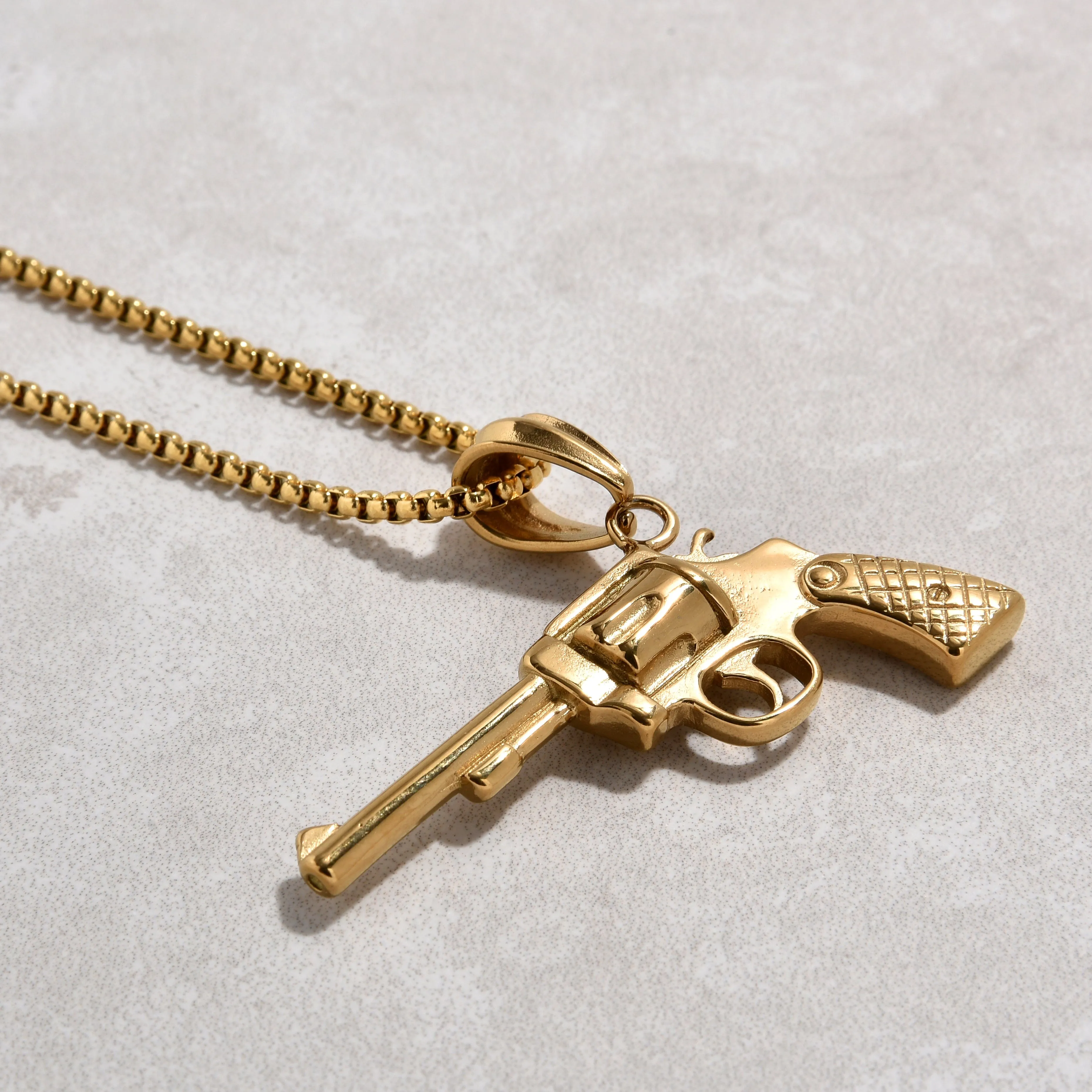 Gold Revolver gun Steel Hearts Necklace