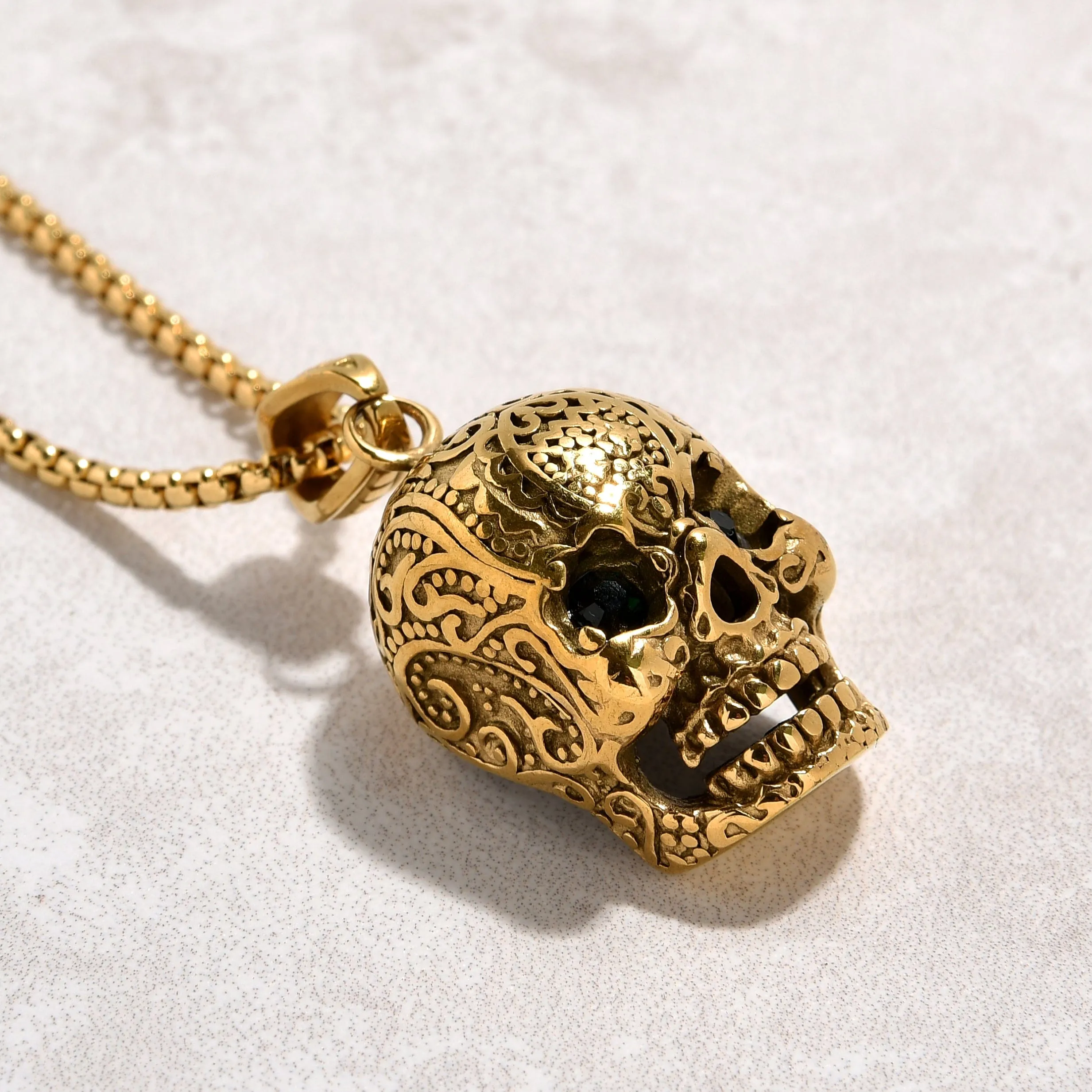 Gold Skull Steel Hearts Necklace