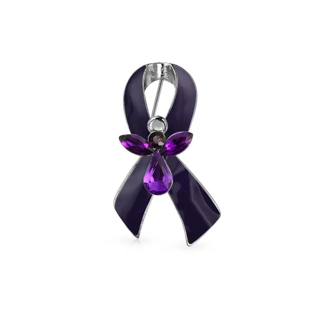 Guardian Angel Cancer Awareness Ribbon Brooche Pin - Crystal Enamel Support Symbol