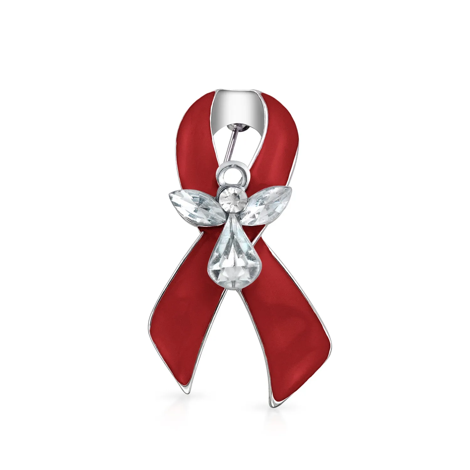 Guardian Angel Cancer Awareness Ribbon Brooche Pin - Crystal Enamel Support Symbol