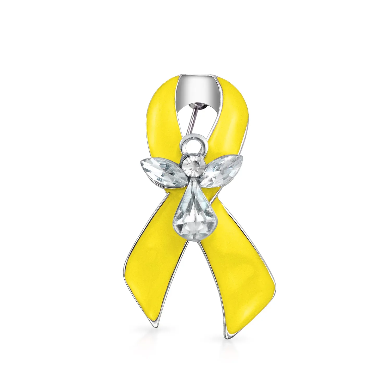 Guardian Angel Cancer Awareness Ribbon Brooche Pin - Crystal Enamel Support Symbol