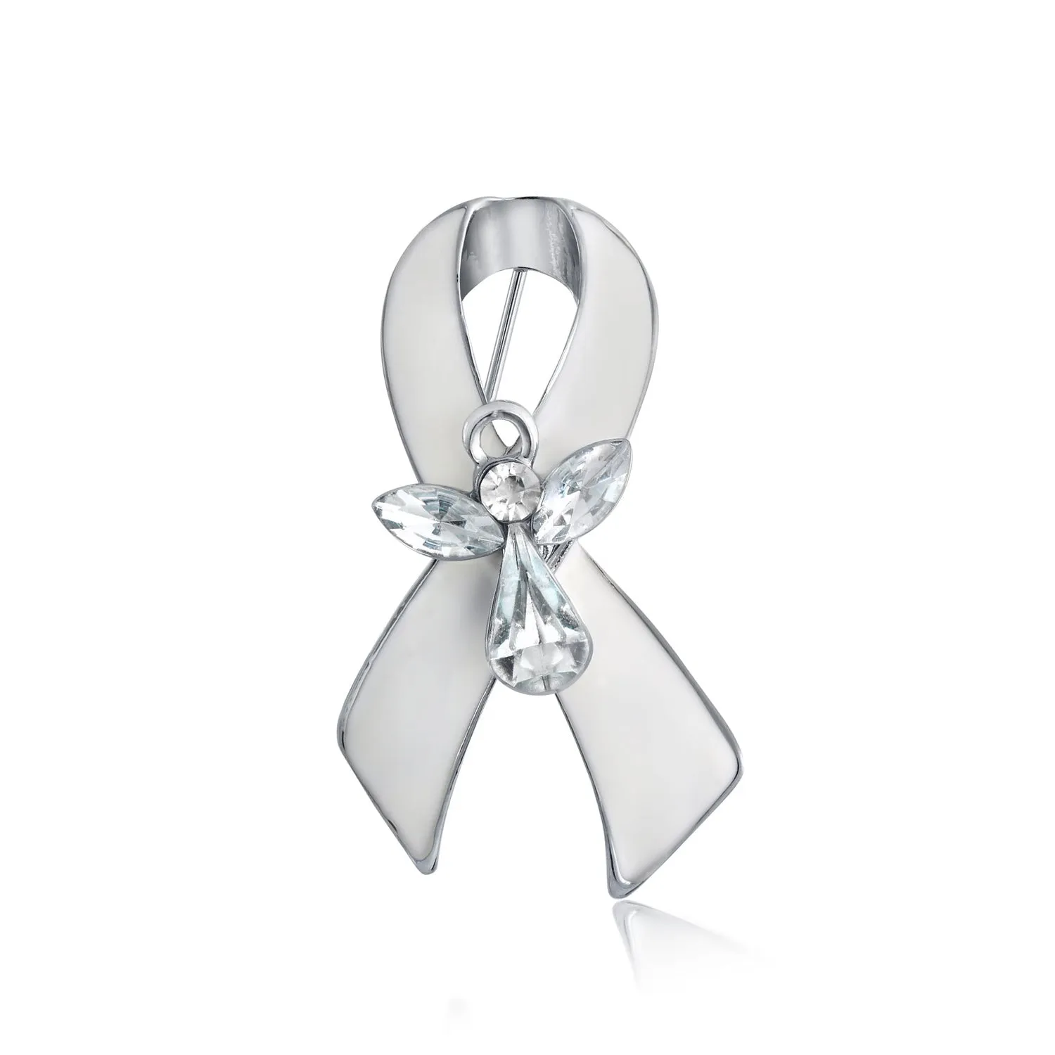 Guardian Angel Cancer Awareness Ribbon Brooche Pin - Crystal Enamel Support Symbol