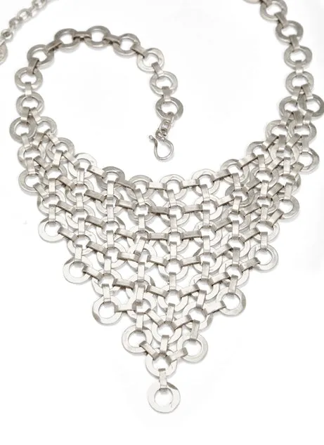 Handmade, Stylish, Pewter Circle V, Bib Style Necklace, Chainmail Style