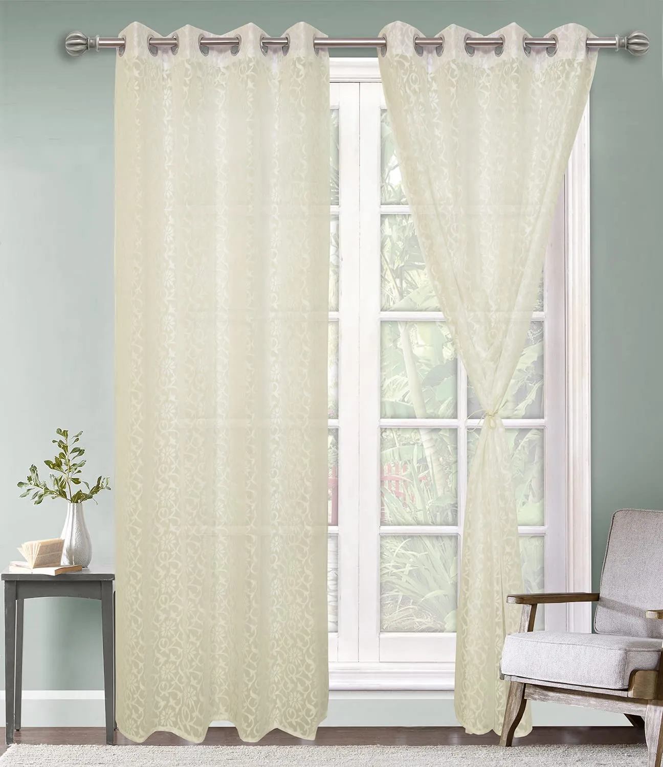 Heart Home Flower Design 7 Feet Door Curtain for Living Room, Bed Room, Kids Room with 8 Eyelet (Cream) 54HH3941.