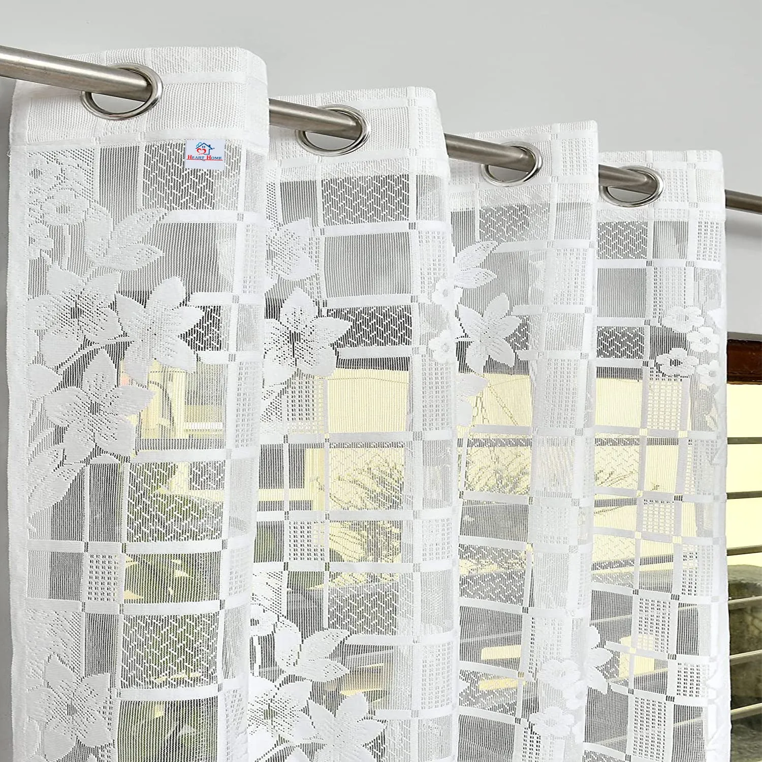 Heart Home Flower Print 7 Feet Cotton Door Curtain for Living Room, Bed Room, Kids Room with 8 Eyelets Pack of 2 (White)-50HH01050