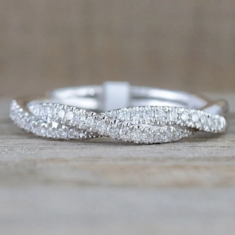 Huitan Fashion Twist Rings for Women Silver Color Band White CZ Simple Stylish Girls Accessories Party Daily Versatile Jewelry