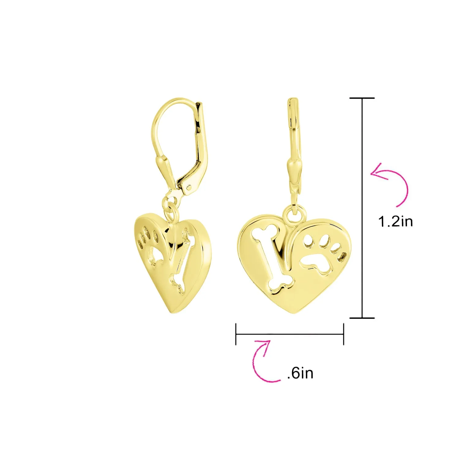 I Love My Dog Heart Dangle Earrings 14K Gold & Sterling Silver Pet Lover Gift