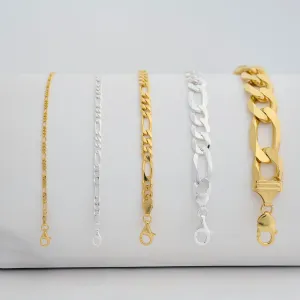 Italian 925 Sterling Silver Figaro Link Chain Bracelet - for Men & Women - 2.2mm, 3.8mm, 5.5mm, 8.9mm, 14.5mm - Available in Sterling Silver or Yellow Gold Plated Sterling Silver - 9 inch or 7.5 inch Lengths