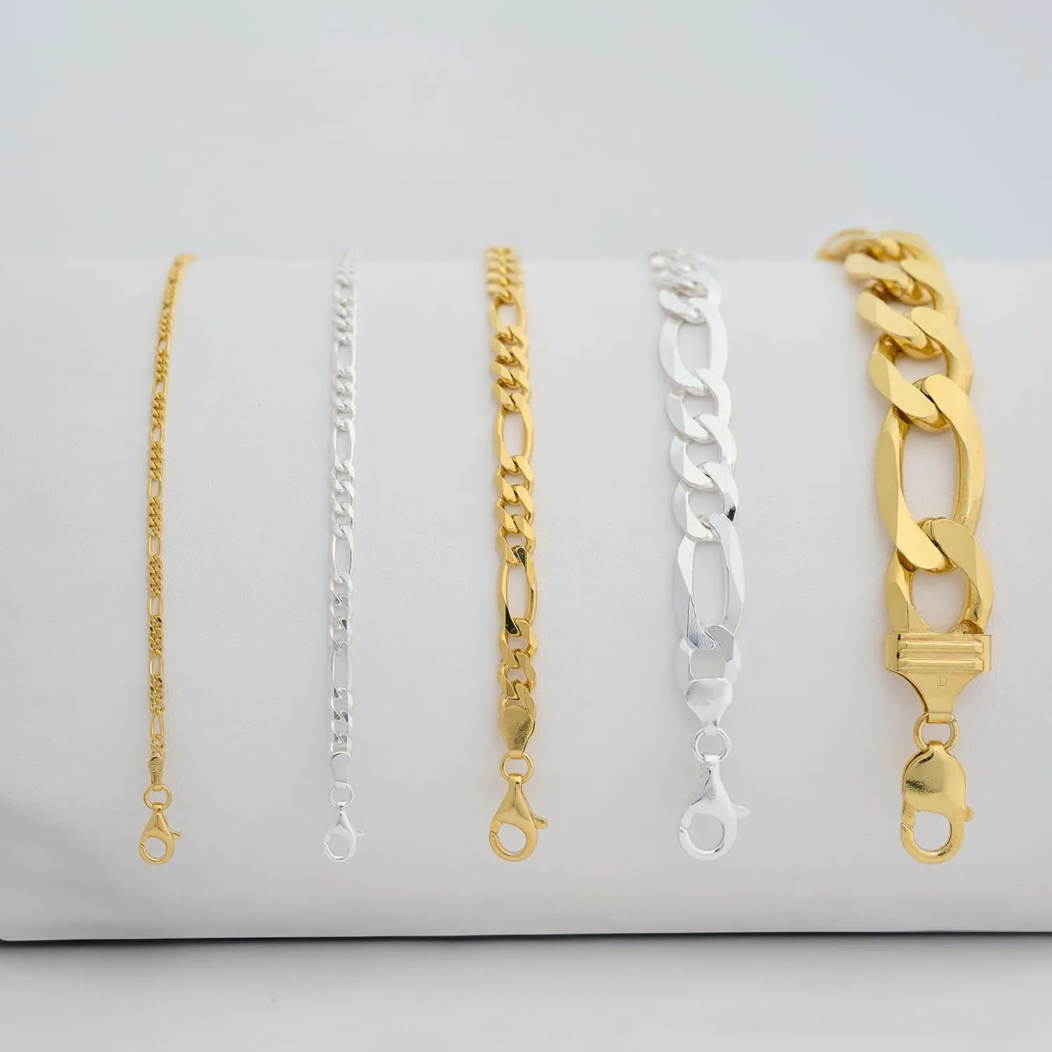 Italian 925 Sterling Silver Figaro Link Chain Bracelet - for Men & Women - 2.2mm, 3.8mm, 5.5mm, 8.9mm, 14.5mm - Available in Sterling Silver or Yellow Gold Plated Sterling Silver - 9 inch or 7.5 inch Lengths