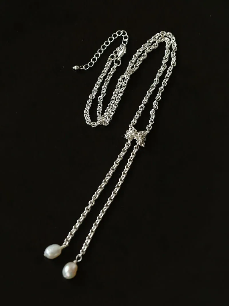 Knotted Pearl Silver Chain Necklace