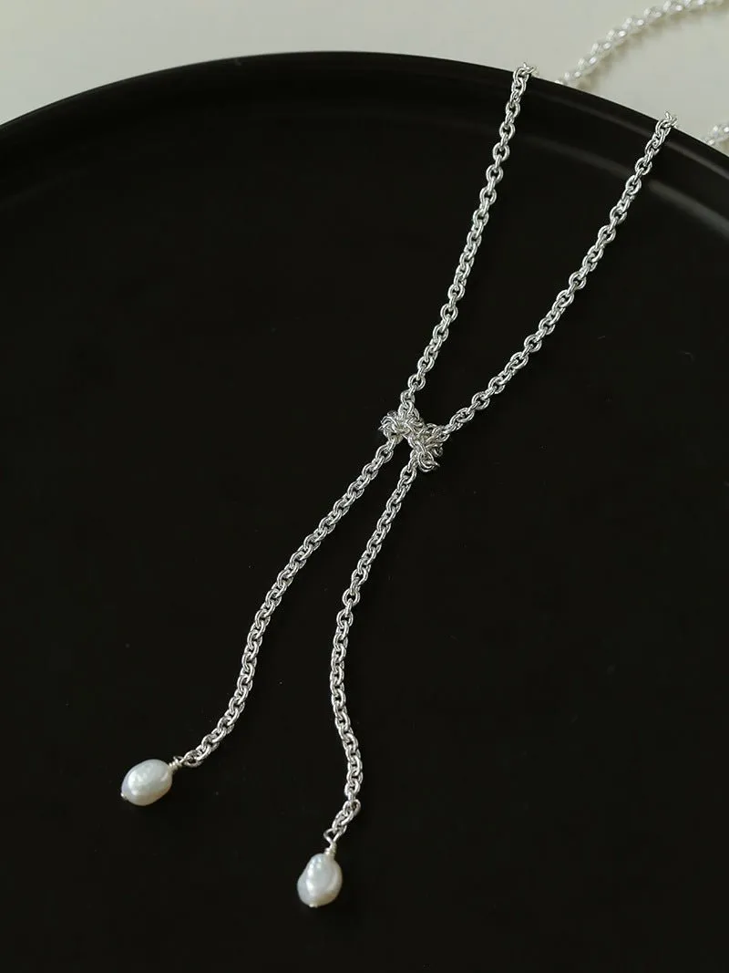 Knotted Pearl Silver Chain Necklace